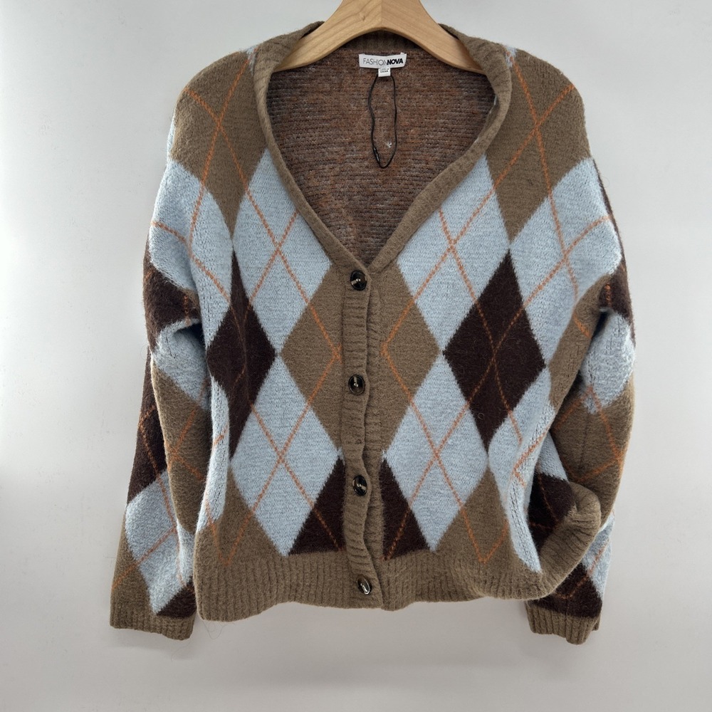Fashion Nova Argyle Oversized Crop Jacquard Cardigan Women's Size Medium Brown